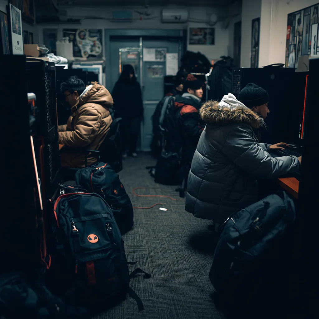 A bright corner of the club where backpacks pile up by a water cooler beside a row of occupied gaming stations