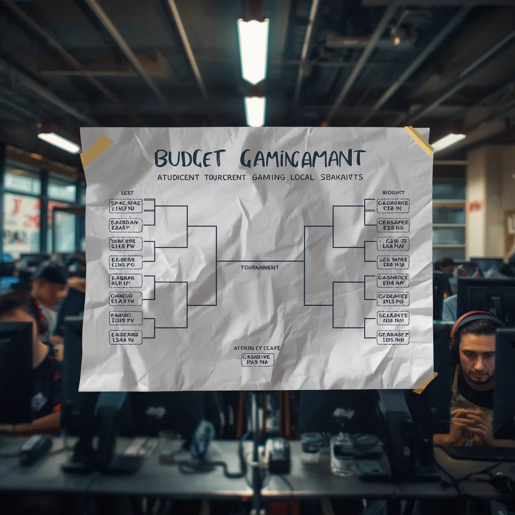 A crumpled paper bracket taped to the wall above the stations, listing the day's friendly matchups