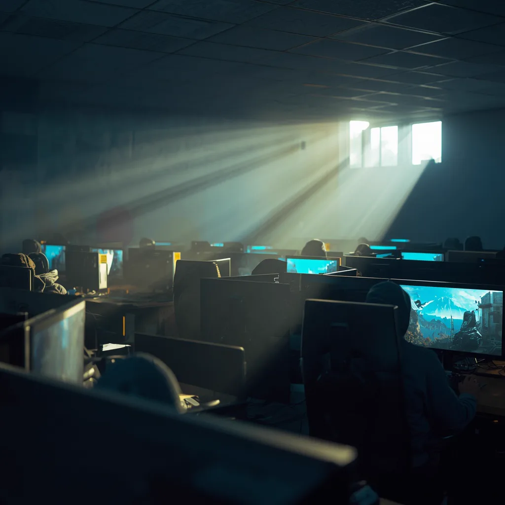 A long row of gaming stations seen from behind the monitors with players settled in at a local computer club