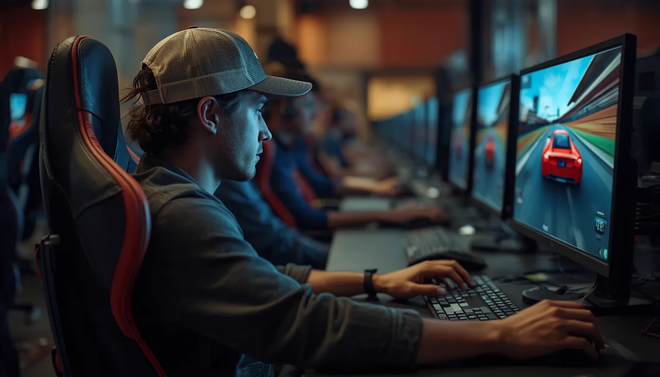 A casual computer club with a worn couch near the entrance and a row of gaming stations along the wall
