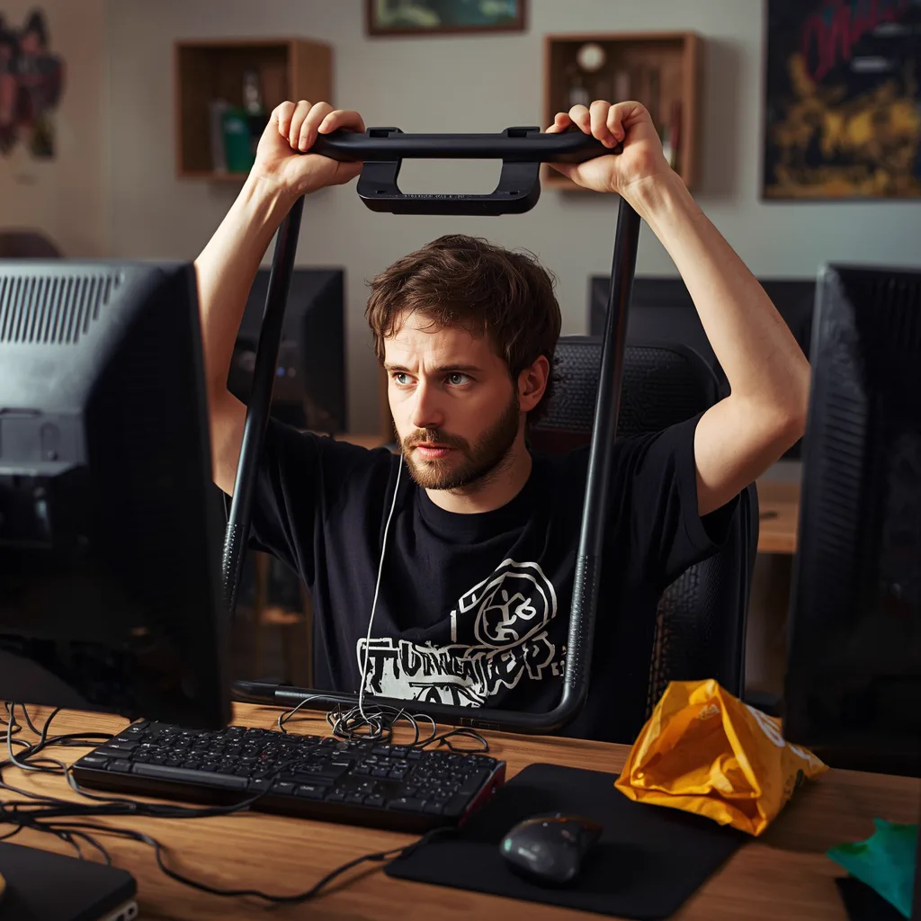 A crowded desk of mismatched computer towers and monitors in a budget neighbourhood gaming club